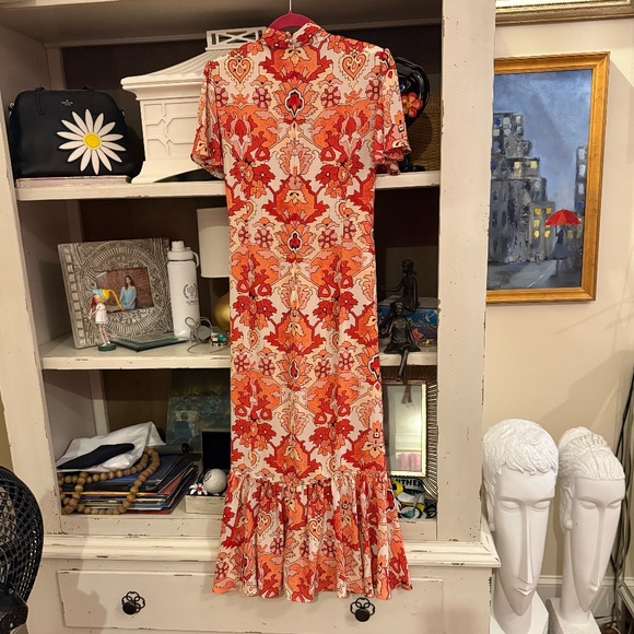 Cinq a Sept Peeta Ruched Damask Midi Dress pink poppy multi size 6 - Picture 7 of 9